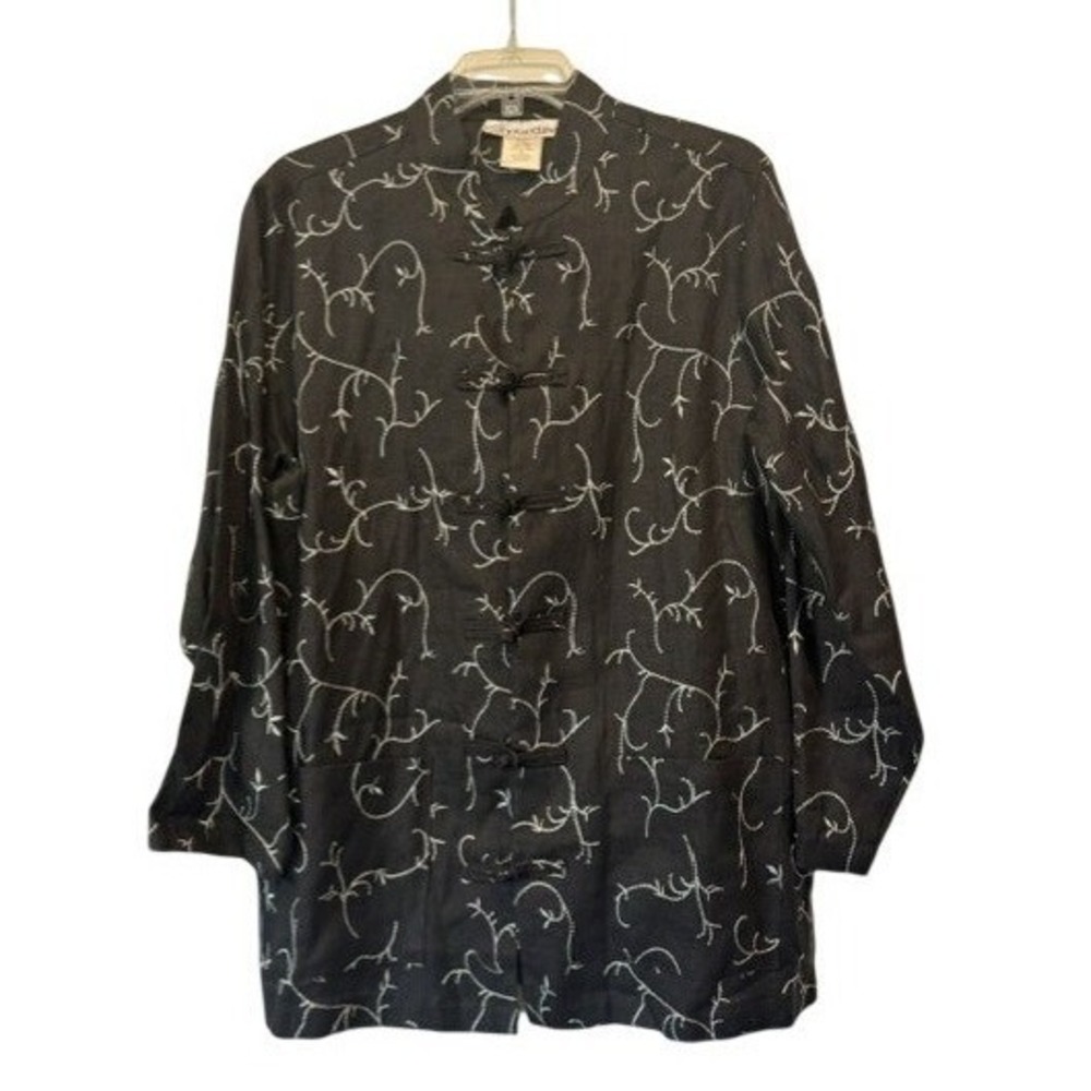 Silhouettes XL 100% Linen Jacket Embroidered Frog Closure Lagenlook Boho Black